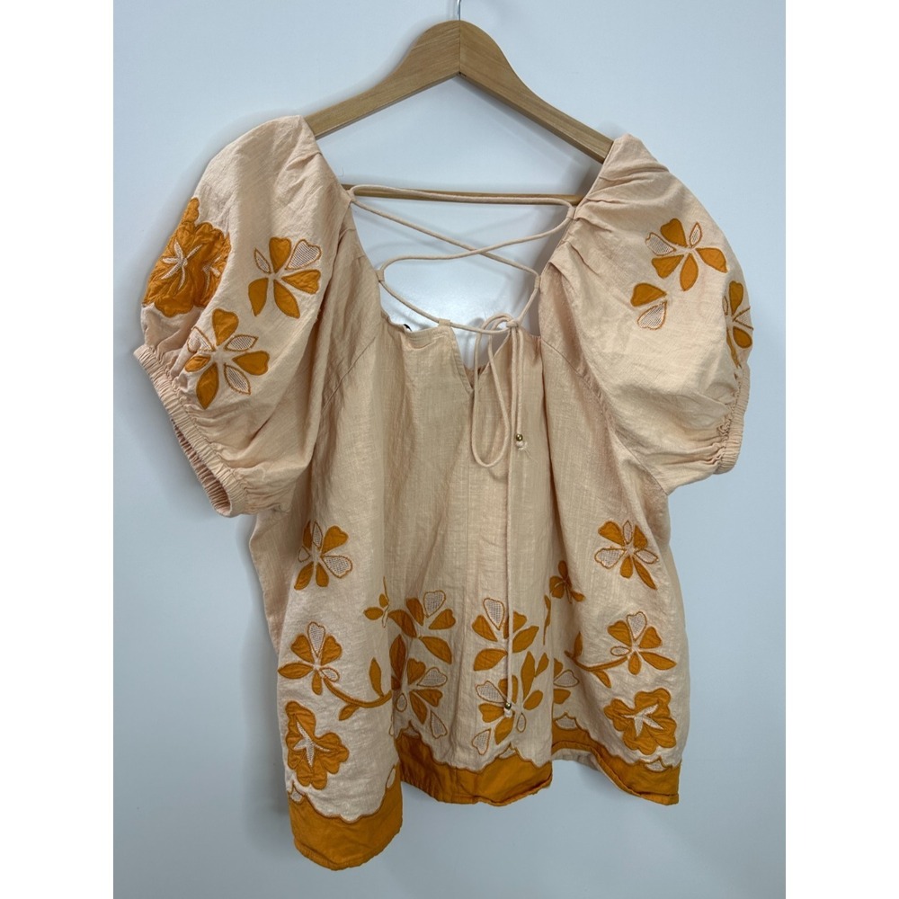 Madewell Embroidered Flower Puff Sleeve Cotton Lace-Up Back Top Plus Size 1X - Picture 10 of 13
